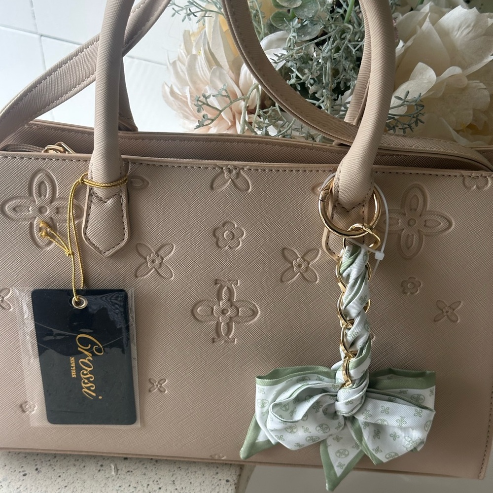 Beige Embossed Satchel with Bow Charm